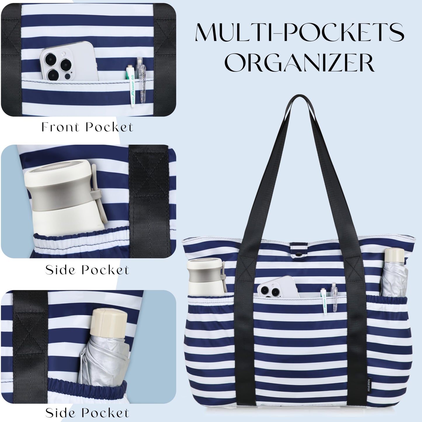 Buringer HOMESPON Large Foldable Beach Tote Bag for Women with Zipper Waterproof Handbag for Travel Shopping Gym Vacation (Blue Stripe)