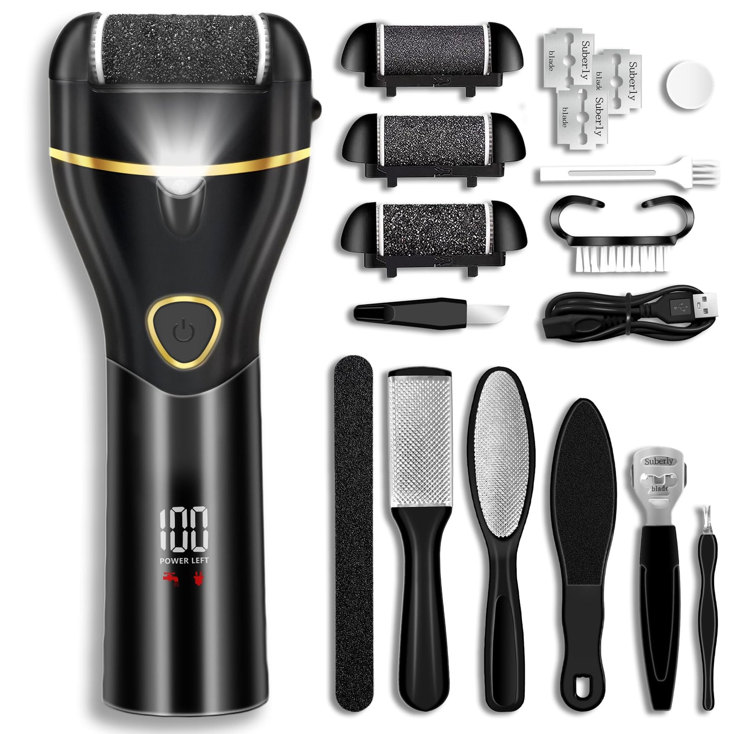 Jamestry Callus Remover for Feet, Electric Foot Callus Remover Waterproof with 3 Rollers 2 Speed Battery Display,17 in1 Rechargeable Foot File Pedicure Kits for Dead Hard Cracked Dry Skin