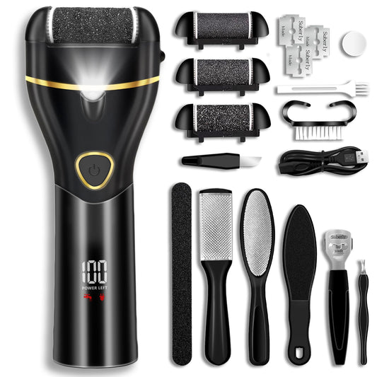 Jamestry Callus Remover for Feet, Electric Foot Callus Remover Waterproof with 3 Rollers 2 Speed Battery Display,17 in1 Rechargeable Foot File Pedicure Kits for Dead Hard Cracked Dry Skin