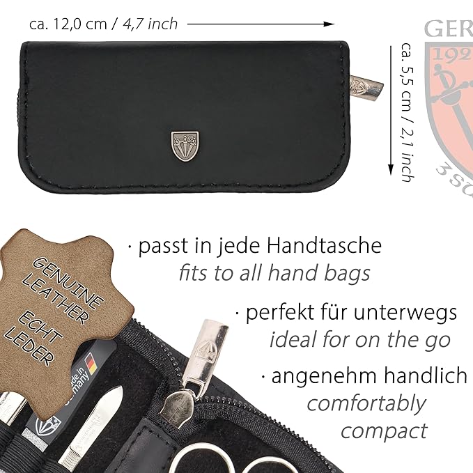 3 Swords Germany - brand quality 5 piece manicure pedicure grooming kit set for professional finger & toe nail care scissors clipper genuine leather black case in gift box, Made in Germany