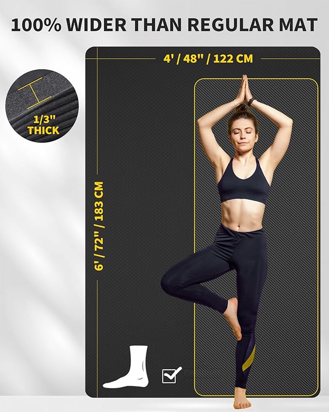 CAMBIVO Large Yoga Mat (6'x 4'), Extra Wide Workout Mat for Men and Women, Yoga Mat Thick 1/3 &1/4 Exercise Mats for Home Workout, Yoga, Pilates (Black,1/4 inch)