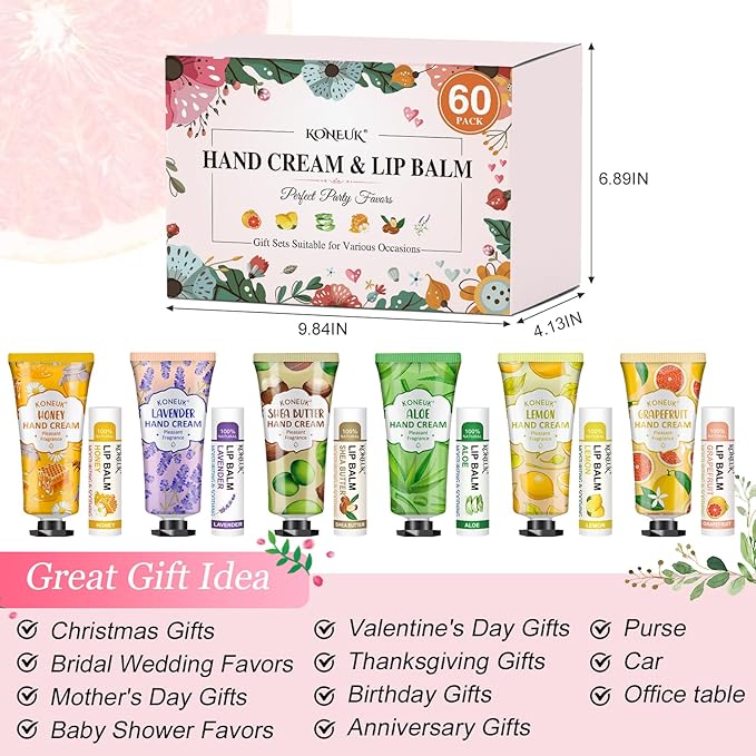 60 Pack Hand Cream Bulk and Lip Balm Bulk Sets, Bridal Shower Gifts, Bridesmaid Gifts and Baby Shower Party Favors for Guests, Employee Appreciation Gifts, Birthday Gifts and Small Gifts for Women