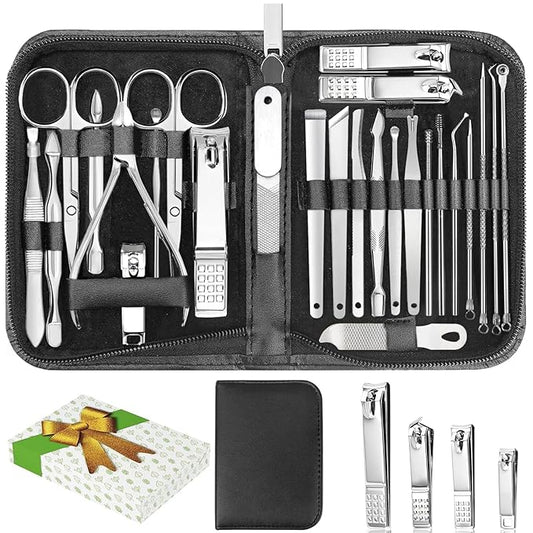 26-Piece Professional Manicure and Pedicure Kit, Nail Clippers Set, Stainless Steel Nail Care Tools with Travel Case, Silver White