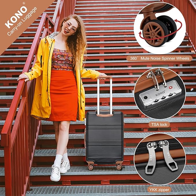 Kono Luggage Set 4 Piece Carry On Hardside Luggage with TSA Lock Spinner Wheels Carry On Suitcase Apricot Black