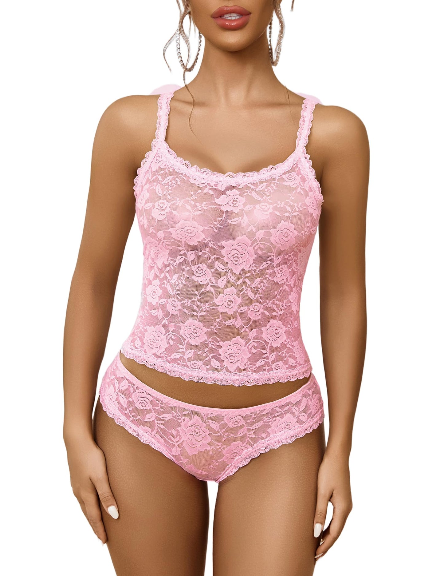 Avidlove Pajama Set for Women Floral Lace Lingerie Set Sheer Sleepwear Shorts PJ Set (Pink, Small)