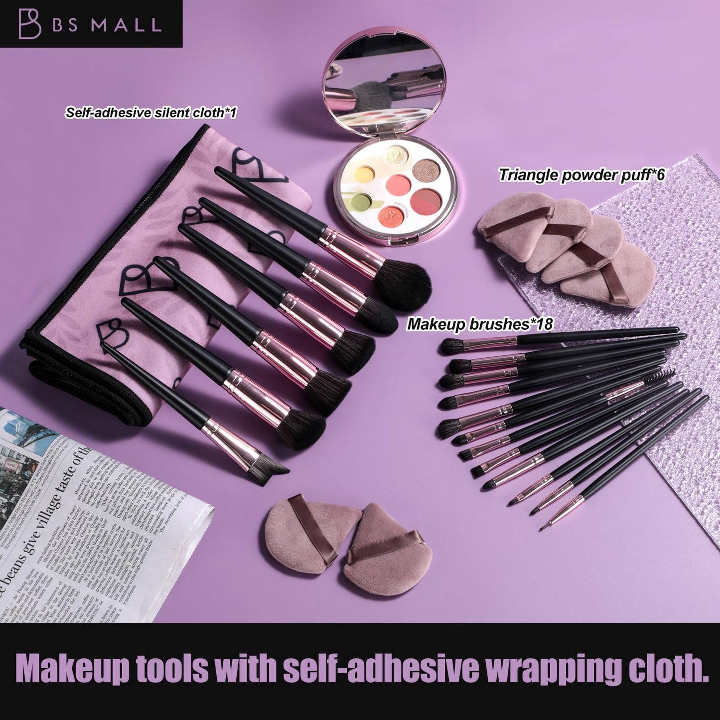BS-MALL Makeup Brushes Set 25 Pcs with Triangle Puff – Travel-Friendly Magic Tape Storage Bag for Brush Organization