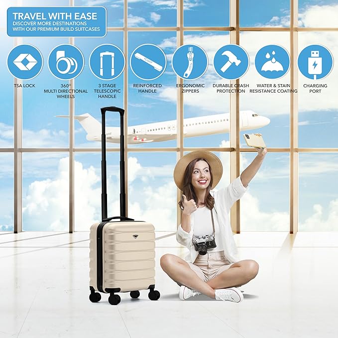 Carry On Suitcase Hardside Built In TSA Lock & USB Port Silent Double Spinner Wheels Maximum Underseat Carry-On Bag For American & United Approved Airlines( 18x14x8" ,Cream/Black )