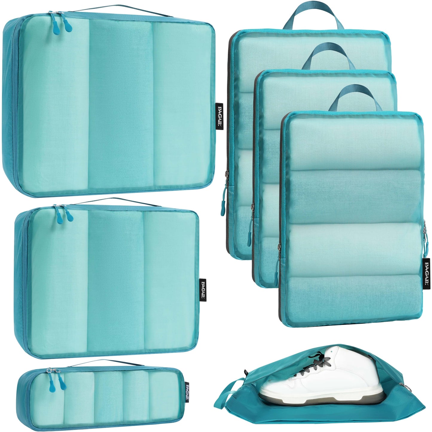 Bagail Ultralight Packing Cubes 7 Set, 3 Compression Packing Cubes 3 Packing Organizers With 1 Shoe Bag-Teal Mesh