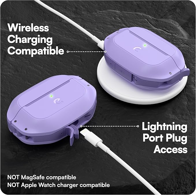Keybudz for AirPods Pro Case with Lock - Fully Waterproof AirPods Pro 2nd Generation Case Cover - Keychain, Rugged Tough Protection, Hard Shell and Carabiner for USB-C/Lightning (Wild Lavender)