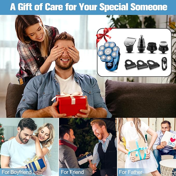 9D Electric Head Shaver for Bald Men, Upgraded 5-in-1 Waterproof Wet/Dry Grooming Kit Electric Shaver for Men, Cordless Rechargeable Bald Head Razor for Home&Travel