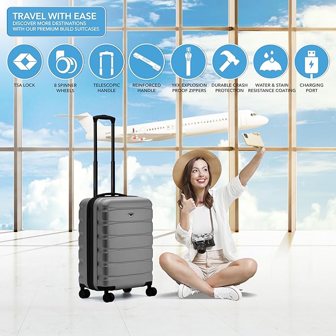 Carry On Suitcase Hardside TSA Lock & USB Port Silent Double Spinner Wheels Maximum Overhead Carry-On Bag Approved For Many Airlines( 22x18x10" ,Charcoal )