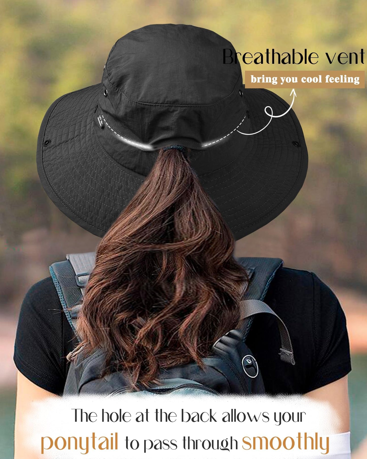 FURTALK Sun Hats for Women Ponytail UPF 50+ Beach Summer Hat Wide Brim Packable Cowboy Hat Pure Black