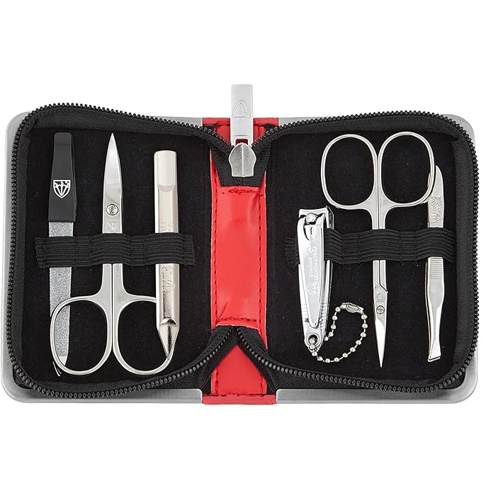 3 Swords Germany - brand quality 6 piece manicure pedicure kit set for professional finger & toe nail care with synthetic leather case - Made in Germany - red