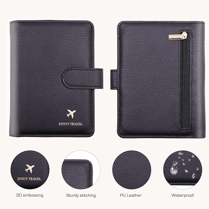 Cnycmy Passport Holder with RFID Blocking, Cash Pocket & Back Zipper Coin Pocket - Travel Document Holder, Magnetic Button, Multiple Card Slots - Soft PU Leather for Men and Women (BLACK)