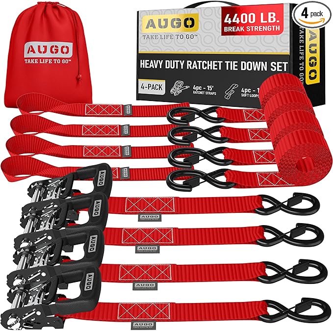 AUGO Heavy Duty Ratchet Straps & Soft Loops – Pack of 4 Extra Strong 1.5” by 15’ Ratchet Straps w/S-Hook Safety Latches & 4 Soft Loop Tie Downs – 4400Lb Break Strength for Motorcycles, ATVs, Etc.