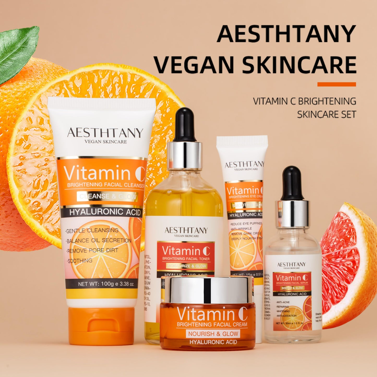 AESTHTANY Vitamin C Skin Care Set Moisturizing Hyaluronic Acid Skin Care Kit 5PCS For Women Beauty Set Gift Set