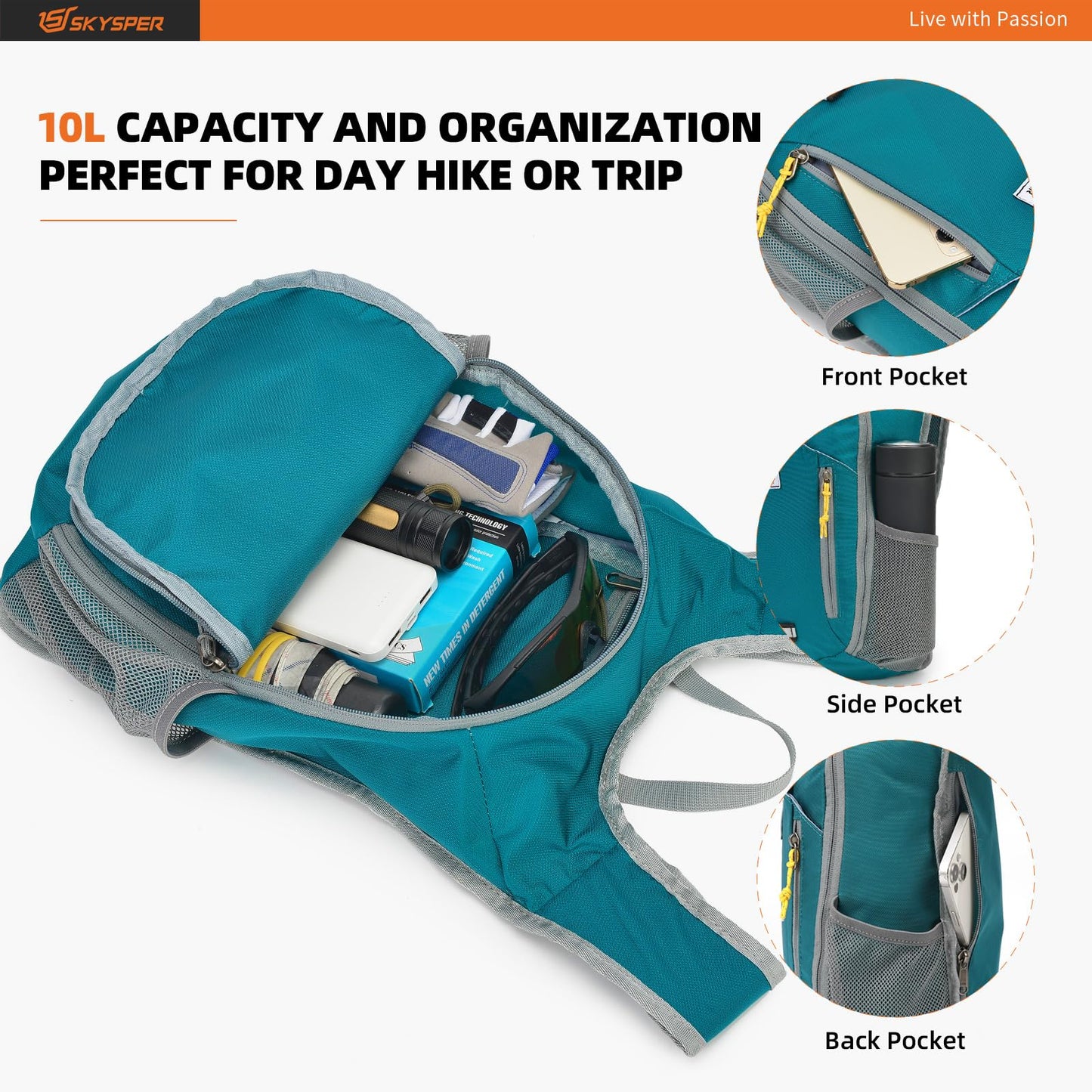 SKYSPER 10L Hiking Backpack Small Hiking Daypack Packable Lightweight Travel Day Pack for Women Men(Cyan)