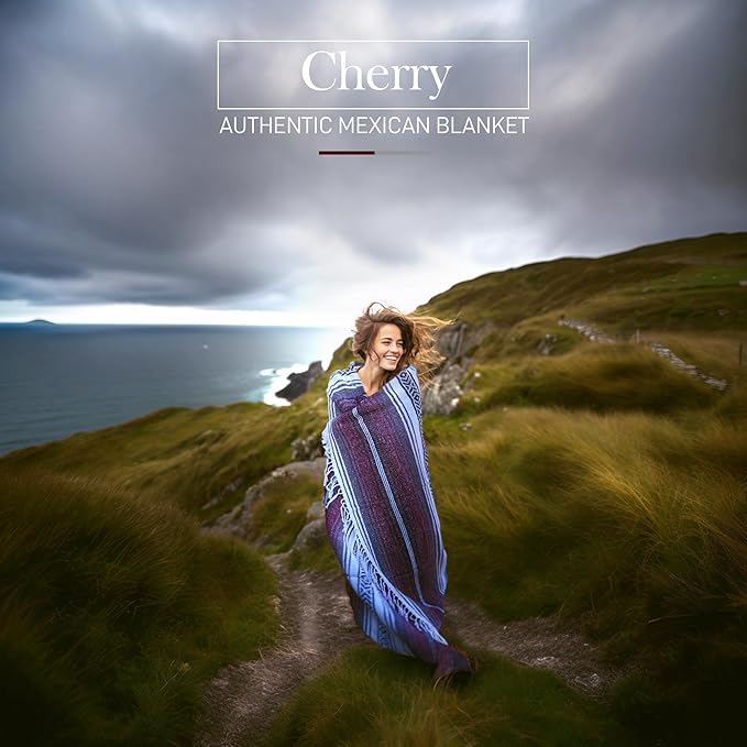 Authentic Large Handwoven Mexican Blanket - Soft Yoga- Durable Serape- Lightweight Falsa, Beach, Camping, Picnic, Outdoor Blanket 70"x50" - Cherry