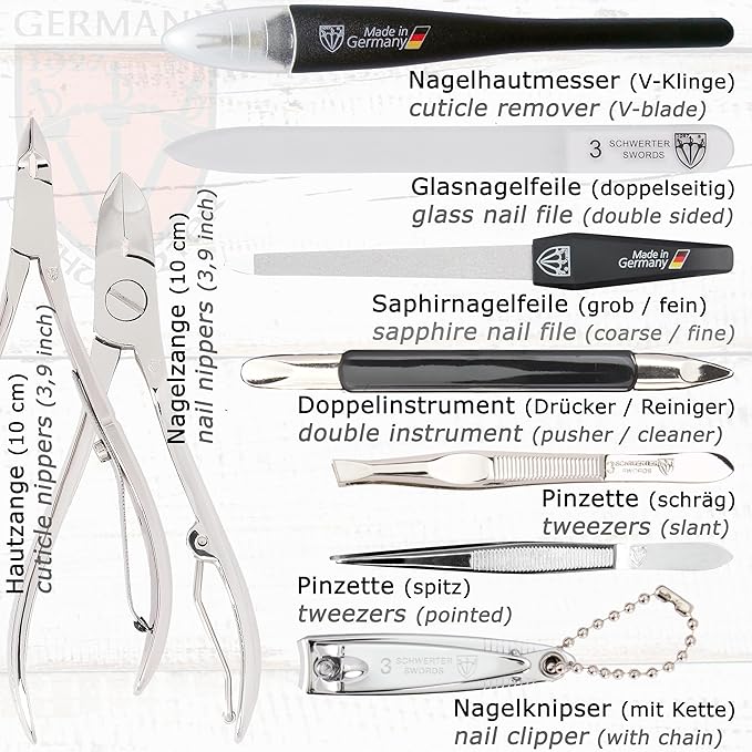 3 Swords Germany - brand quality 11 piece manicure pedicure grooming kit set for professional finger & toe nail care scissors clipper red genuine leather case in gift box, Made in Germany