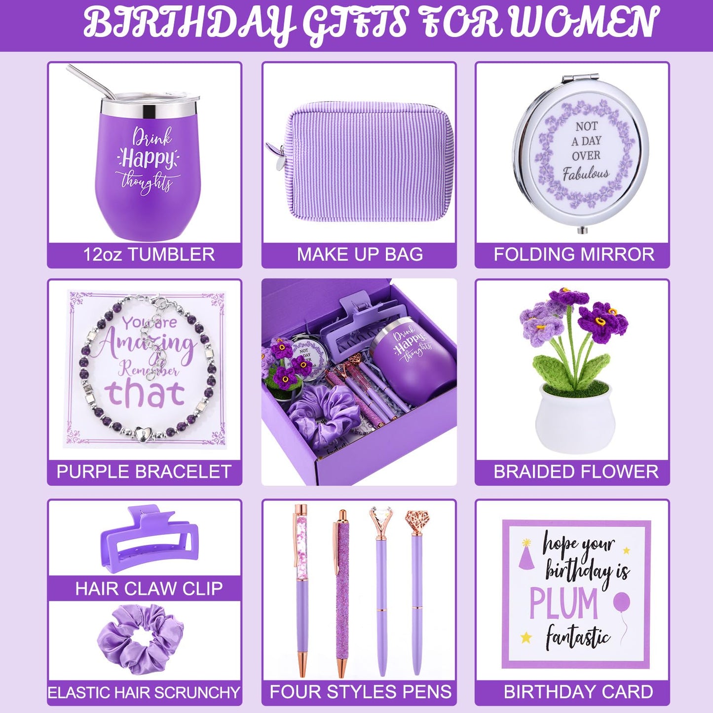 Abbylike Birthday Gifts for Women Purple Self Care Get Well Soon Gift Baskets and Sets for Mom Make up Care Package Box for Her Wife Friends Sister Girlfriend Christmas Valentines Mothers Day