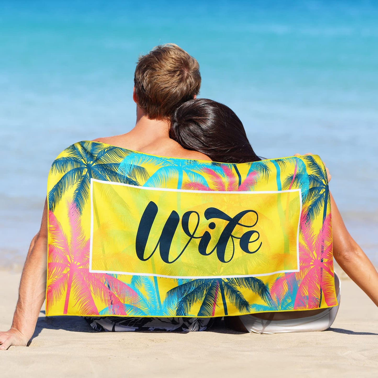 Redbaker 2 Pcs Mr and Mrs Beach Towels Wedding Beach Towels for Bride and Groom 60 x 30 Hubby and Wife Summer Towels Honeymoon Newlywed Couple Towels Wedding Gift, 2 Styles(Pink Yellow Blue)