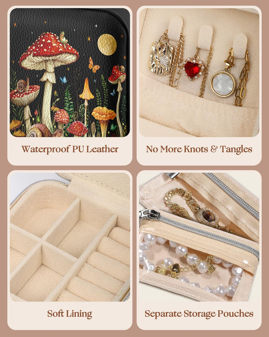 Bistup Travel Jewelry Case - Small Jewelry Organizers and Storage Box for Women Girls Teens Cute Traveling Jewelry Holder with Mirror Little Tiny Compact Modern Unique Aesthetic Pretty, Mushroom
