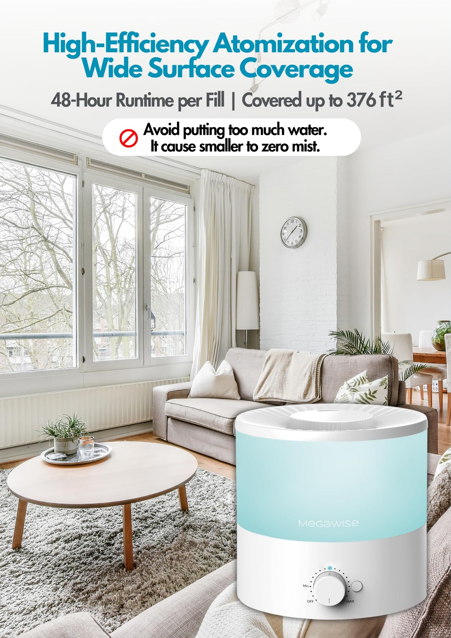 MEGAWISE 1.5L Cool Mist Humidifier for Bedroom, Home, Office, and Plants, Essential Oil Diffuser with Adjustable Mist Output, 25dB Quiet Ultrasonic, Up to 10 Hours, Easy to Clean