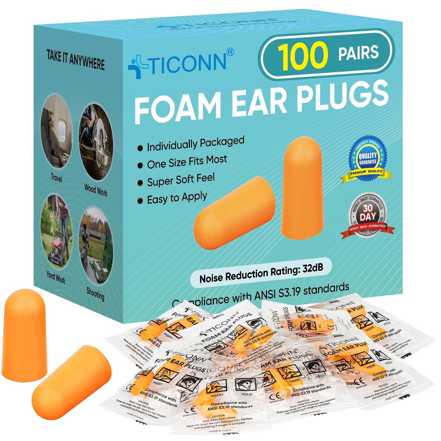 TICONN 100 Pairs Ear Plugs, 32dB Noise Reduction Earplugs for Sleeping Hearing Protection Travel Study Concentration Construction Site (100 Pairs)