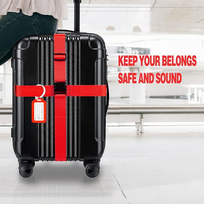 8 Pack Luggage Straps and Tags Set (4 Straps, 4 Tags), Luggage Straps for Suitcases TSA Approved Suitcase Belt Luggage Tags, Red