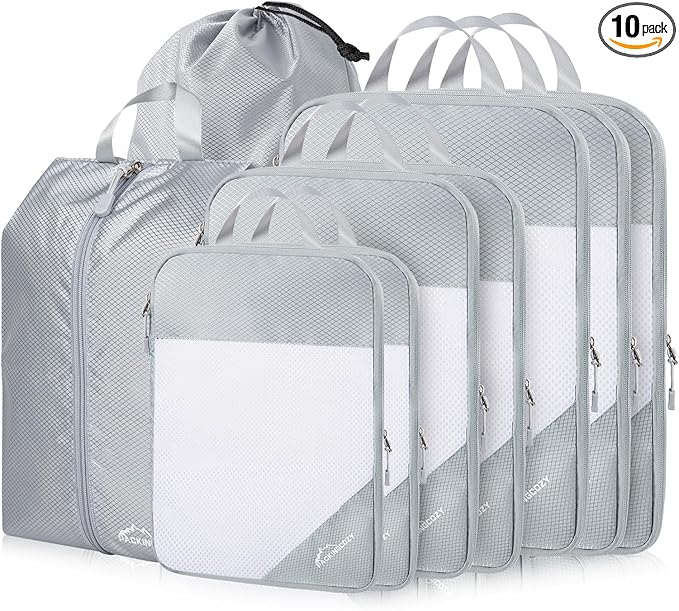 Compression Packing Cubes, 9 Set Packing Cubes for Travel Compression, Lightweight Compressible Package Organizer for Carry On and Suitcases, Light Grey