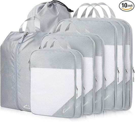 Compression Packing Cubes, 9 Set Packing Cubes for Travel Compression, Lightweight Compressible Package Organizer for Carry On and Suitcases, Light Grey