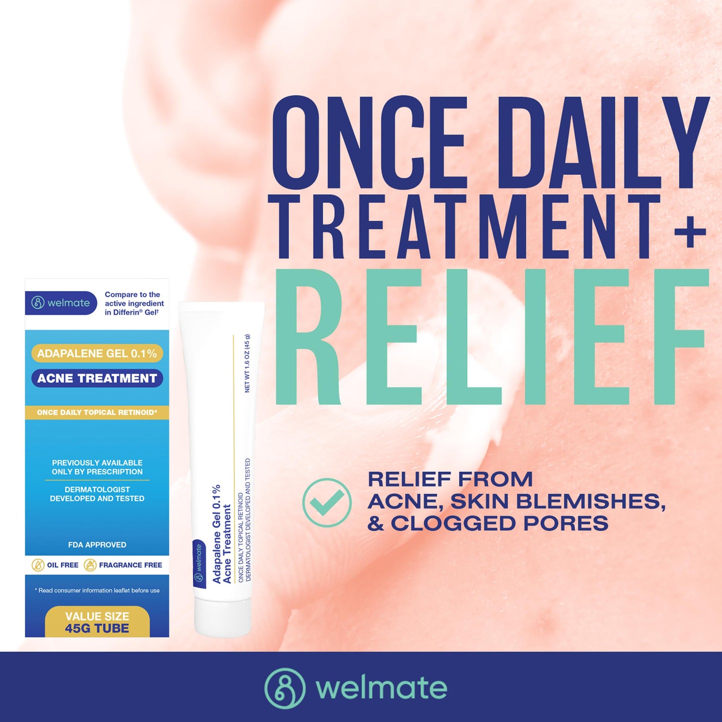 WELMATE - Adapalene Gel 0.1% - Acne Treatment - Skin Care - Daily Topical - Acne Skincare - Pimple Cream - Acne Cream - Oil & Fragrance Free - 1.6oz / 45g