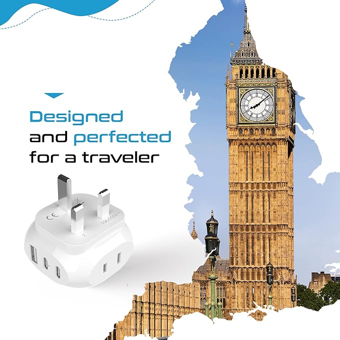Ceptics UK, Ireland Travel Plug Adapter - 5 Input with 20W PD-QC 3.1A Dual USB-C and USB - Light Weight - USA to Any Type G Countries Such as Hong Kong, England and More (PTU-7), White