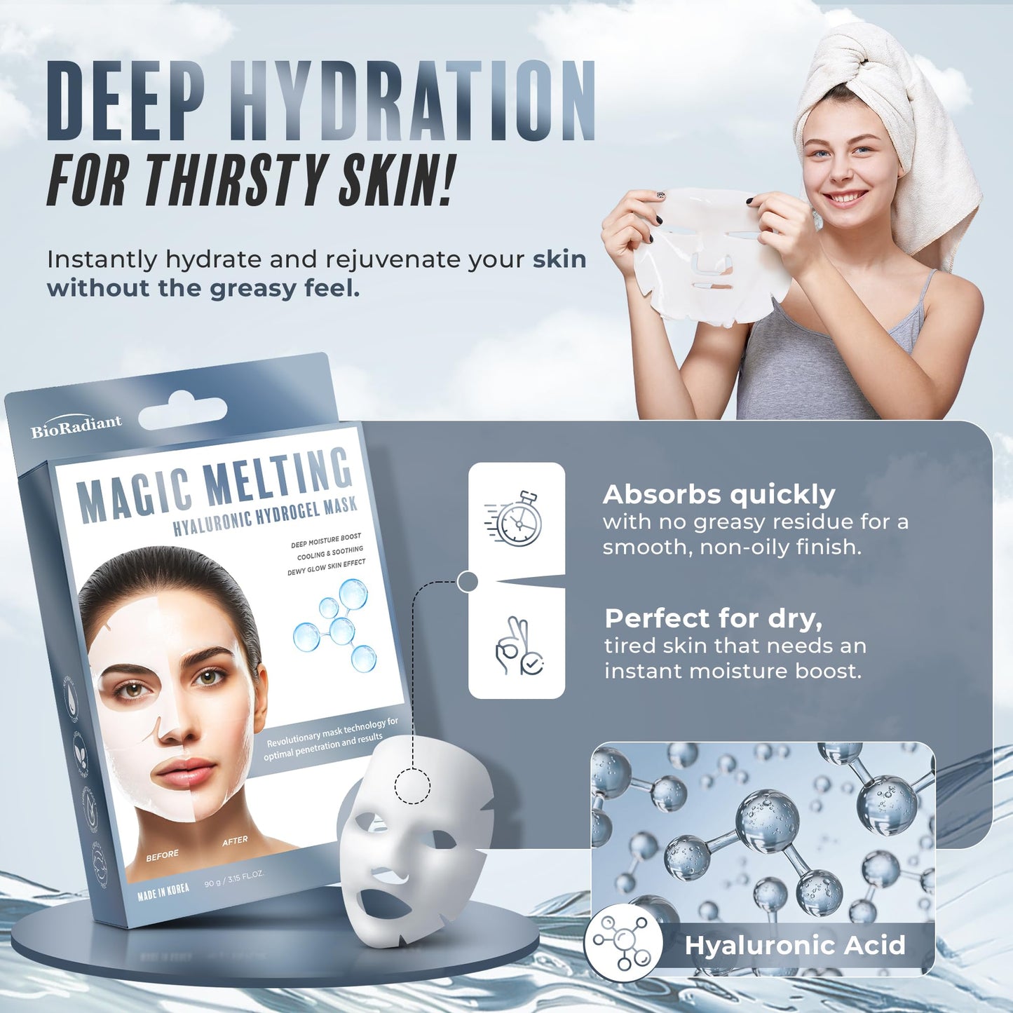 Bio Radiant Magic Melting Overnight Face Mask - Hyaluronic Acid Ultra Hydrating Hydrogel Mask - Cooling & Soothing - Rejuvenating Facial Mask w/Dewy Skin Effect - Clean Beauty Made in Korea - 6 Pack