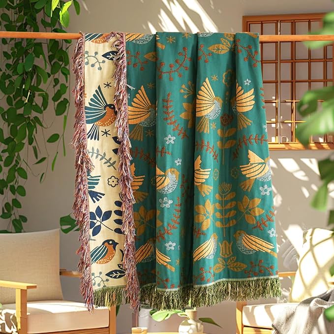 Boho Throw Blanket for Couch 100% Cotton Ultra Soft Rustic Quilt Birds and Floral Double Embroidery Fall Throw Blankets,50"×60" All Season Throws for Sofa Chair