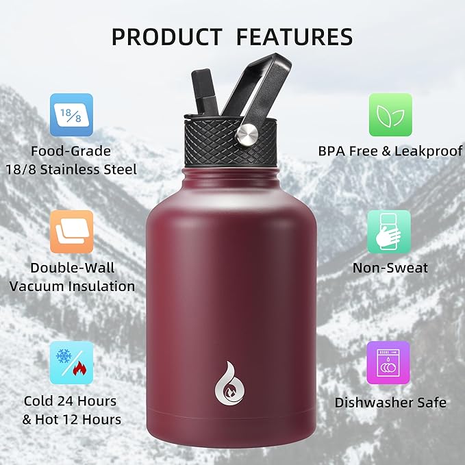 BJPKPK Insulated Water Bottles with Straw Lid, 50oz Large Water Jug, Stainless Steel Vacuum Bottles, Hot & Cold Thermo with 3 Lids and Paracord Handle,Brick Red