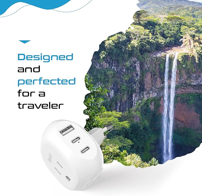 Ceptics European Travel Plug Adapter - 5 Input with 20W PD-QC 3.1A Dual USB-C and USB - Light Weight - USA to Any Type C Countries Such as Italy, Iceland, Austria and More (PTU-9C), White