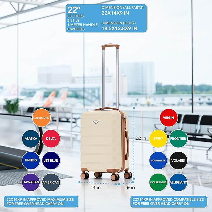 Carry On Suitcase Hardside Built In TSA Lock & USB Port Silent Double Spinner Wheels Maximum Overhead Carry-On Bag For American & United Approved Airlines(22x14x9,Cream/Tan)