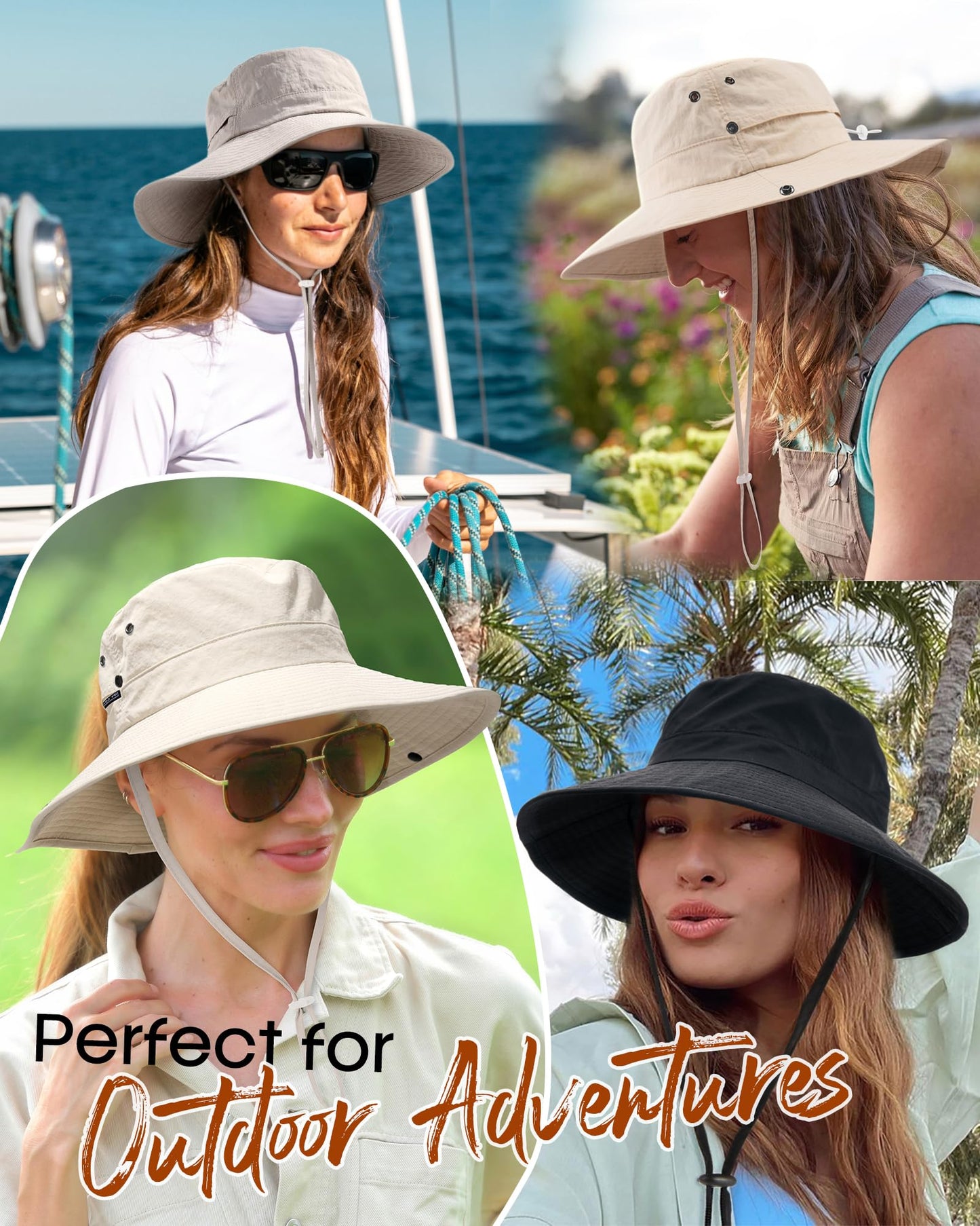 FURTALK Sun Hats for Women with Ponytail Hole Wide Brim Beach Bucket Hat UPF 50+ Fishing Hiking Outdoor Hats Beige