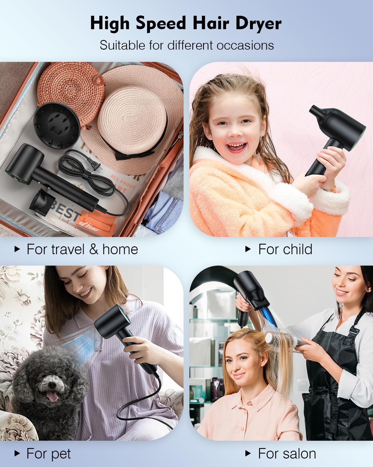 Hair Dryer,160000 RPM Brushless Motor Blow Dryer, 200 Million Negative Ionic, Low Noise Thermo-Control Professional Hair Dryer with Diffuser and Nozzle,Portable Hair Blow Dryer for Home Travel