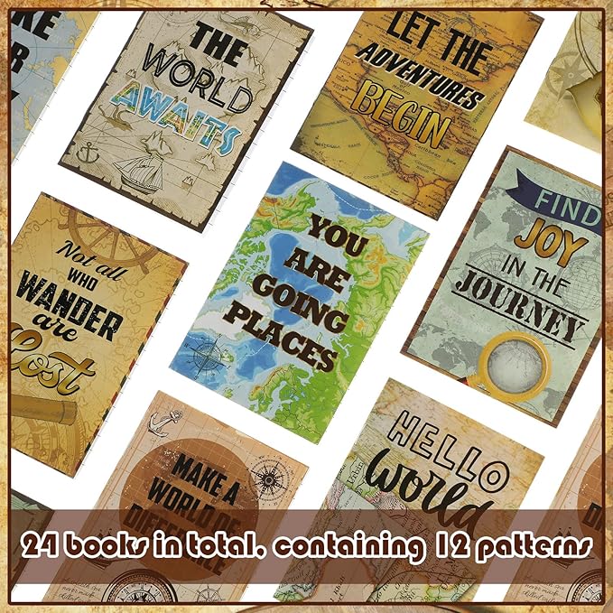 24 Pcs Travel The Map Notepad Travel Inspirational Gifts Notepads Mini Motivational Journal Notebooks Bulk Antique Map Patterns Small Pocket Notepads for School Office, 4.72 x 3.35 Inch,12 Styles
