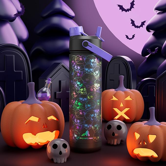 26 oz Halloween Insulated Water Bottle with 2-in-1 Straw and Spout Lid, Glow-in-the-Dark, 24H Cold, Leakproof, Fits in Car Cup Holder, Stainless Steel for Gift, Trip, Holiday, Sports (Luminous Souls)