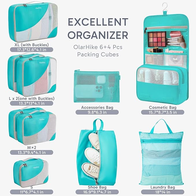 ALL INCLUDED 10 Set Durable Packing Cubes for Suitcases,OlarHike Essentials for Travel,UPGRADED Anti-Tear Stitching, NEW Improved Luggage Packing Organizers for Travel Accessories (Teal)