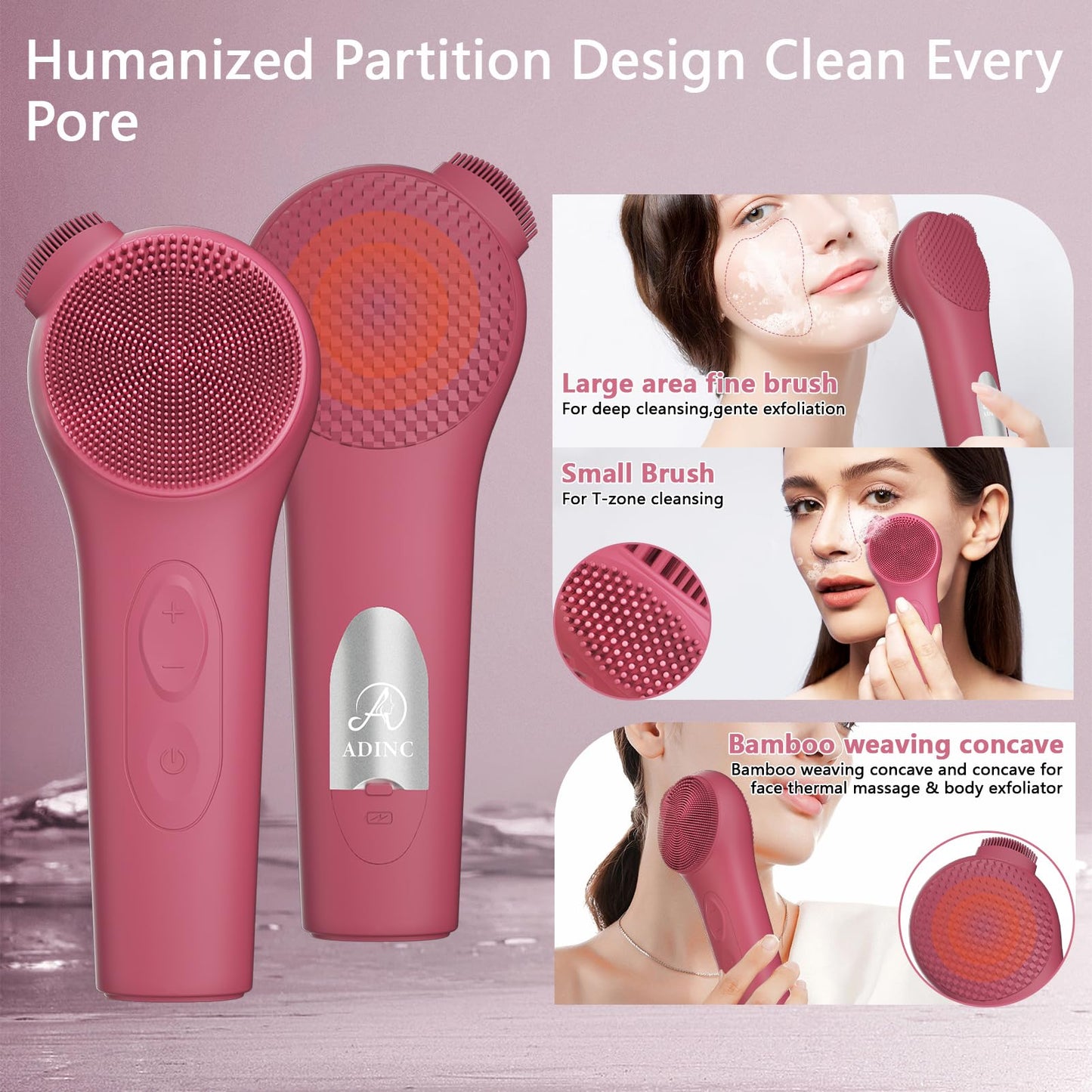 ADINC Silicone Face Scrubber, Waterproof Rechargeable Facial Cleansing Brush, 5 Cleansing Modes with Nose Brush for Women & Men Electric Facial Tool for Deep Cleaning Exfoliating, Massaging Berry