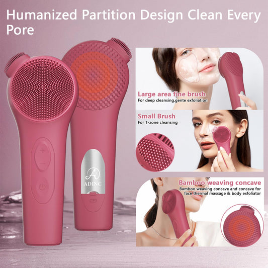 ADINC Silicone Face Scrubber, Waterproof Rechargeable Facial Cleansing Brush, 5 Cleansing Modes with Nose Brush for Women & Men Electric Facial Tool for Deep Cleaning Exfoliating, Massaging Berry