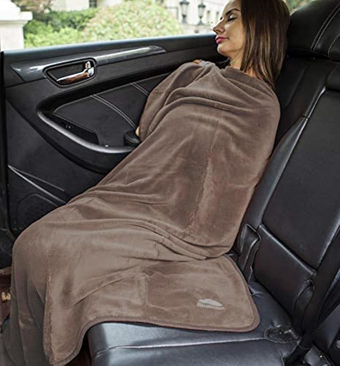 BlueHills Premium Soft Travel Blanket Pillow Airplane Flight Blanket Throw in Soft Bag Pillow case with Luggage Belt & Backpack Clip Compact Pack Large Airport Taupe T023