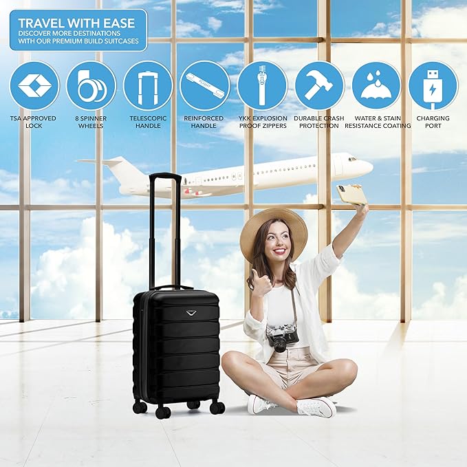22x14x9" Expandable Carry On Suitcase Hardside TSA Lock USB C Port Lightweight Luggage Silent Double Spinner Wheels Maximum Overhead Carry-On Bag For American & United Approved Airlines