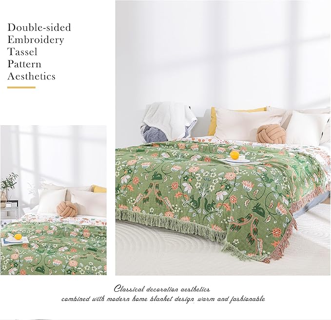 Boho Throw Blanket for Bed 100% Cotton Ultra Soft Rustic Quilt Farmhouse Decor Bed Fall Blankets,All Season Rustic Throw for Sofa Couch Chair (Green World, 80"×90")