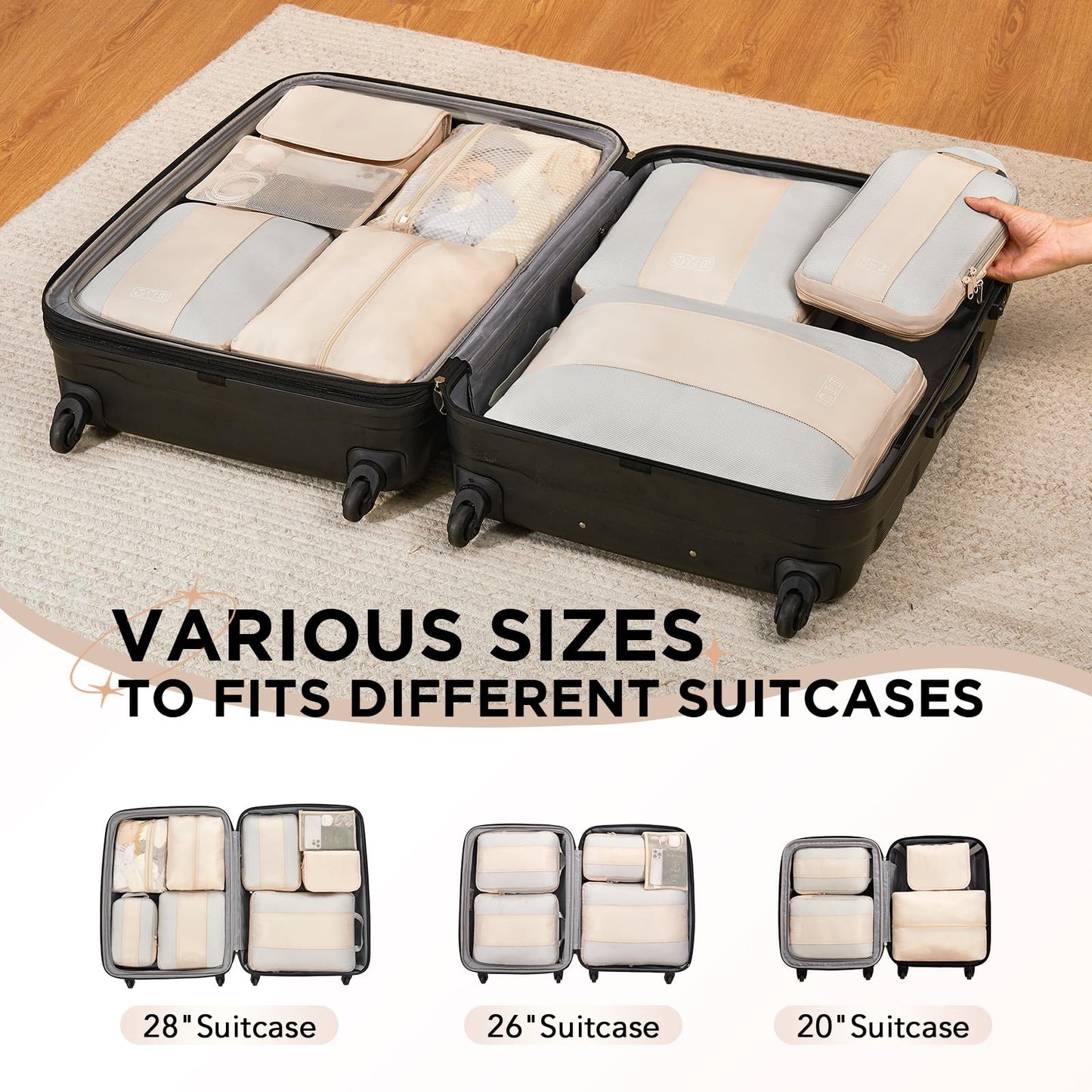 8 Set Compression Packing Cubes for Travel Essentials,Compressible Expandable Packing Cubes for Suitcase,OlarHike Luggage Organizer Bags for Travel,Handy Helper for Organizing Clothes(Beige)