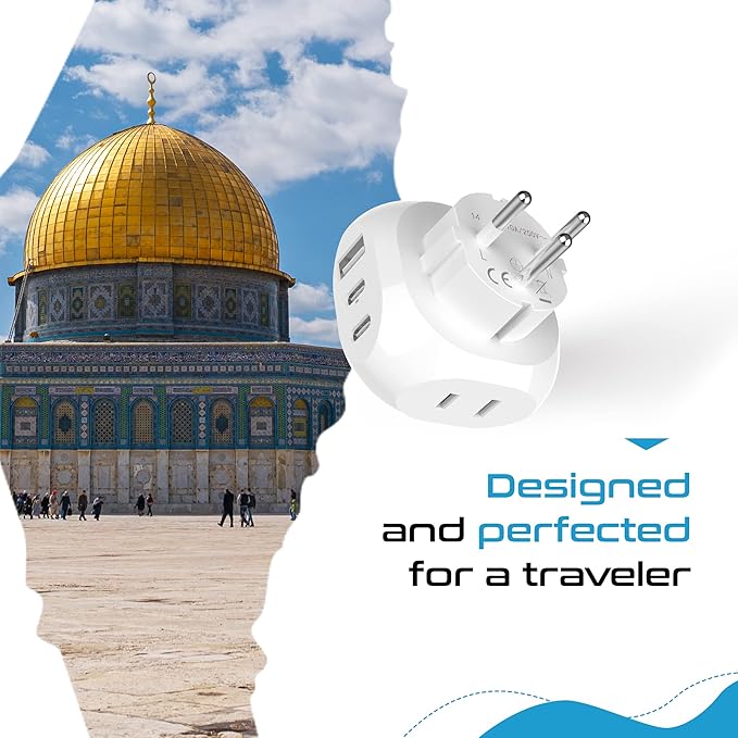 Ceptics Israel, Palestine Travel Plug Adapter - Type H - 5 Input with 20W PD-QC 3.1A Dual USB-C and USB - Light Weight - Perfect for Cell Phones, Laptops, Camera Chargers and More (PTU-14), White